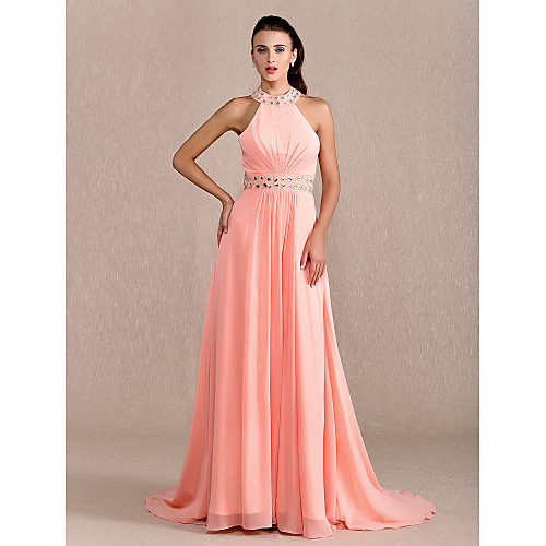 Sheath / Column Open Back Prom Formal Evening Military Ball Dress Halter Neck Sleeveless Court Train Chiffon with Criss Cross Beading Draping 2020
Sheath / Column Open Back Prom Formal Evening Military Ball Dress Halter Neck Sleeveless Court Train Chiffon with Criss Cross Beading Draping 2020