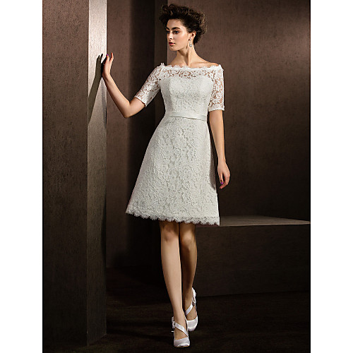 A-Line Wedding Dresses Bateau Neck Knee Length Lace Half Sleeve Formal Casual Little White Dress Illusion Sleeve with Sash / Ribbon 2021
A-Line Wedding Dresses Bateau Neck Knee Length Lace Half Sleeve Formal Casual Little White Dress Illusion Sleeve with Sash / Ribbon 2021