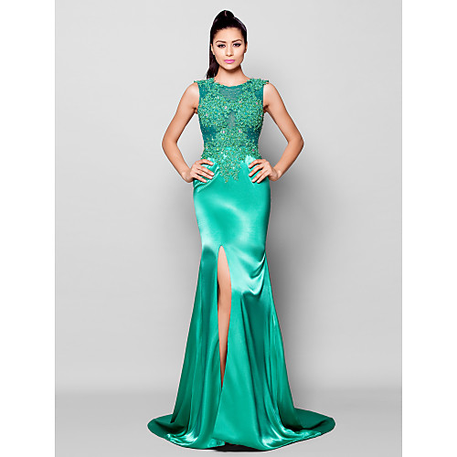 Mermaid / Trumpet Furcal Formal Evening Dress Jewel Neck Sleeveless Court Train Charmeuse with Beading Appliques Split Front 2020
Mermaid / Trumpet Furcal Formal Evening Dress Jewel Neck Sleeveless Court Train Charmeuse with Beading Appliques Split Front 2020