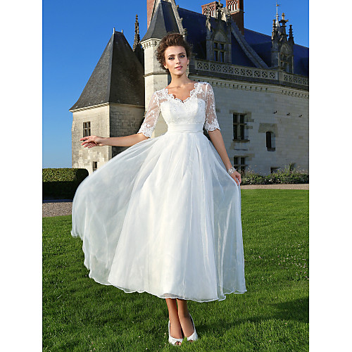 A-Line Wedding Dresses V Neck Ankle Length Organza Sheer Lace Half Sleeve Country Casual Vintage See-Through Illusion Sleeve with Bowknot Lace Sash / Ribbon 2021
A-Line Wedding Dresses V Neck Ankle Length Organza Sheer Lace Half Sleeve Country Casual Vintage See-Through Illusion Sleeve with Bowknot Lace Sash / Ribbon 2021