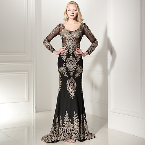 Sheath / Column Elegant Formal Evening Black Tie Gala Dress Scoop Neck Long Sleeve Sweep / Brush Train Jersey with Appliques 2021
Sheath / Column Elegant Formal Evening Black Tie Gala Dress Scoop Neck Long Sleeve Sweep / Brush Train Jersey with Appliques 2021
