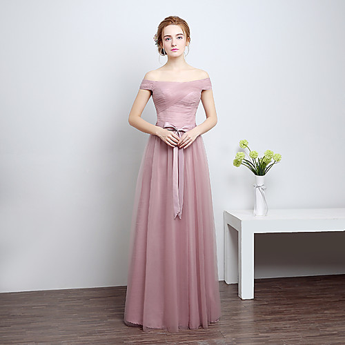 Sheath / Column Off Shoulder Floor Length Satin / Tulle Bridesmaid Dress with Bow(s)
Sheath / Column Off Shoulder Floor Length Satin / Tulle Bridesmaid Dress with Bow(s)