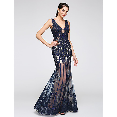 Mermaid / Trumpet See Through Holiday Cocktail Party Formal Evening Dress Plunging Neck Sleeveless Floor Length Lace Over Tulle with Appliques 2021
Mermaid / Trumpet See Through Holiday Cocktail Party Formal Evening Dress Plunging Neck Sleeveless Floor Length Lace Over Tulle with Appliques 2021
