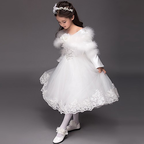 Ball Gown Tea Length Flower Girl Dresses Satin Long Sleeve Bateau Neck with Sequin / Natural
Ball Gown Tea Length Flower Girl Dresses Satin Long Sleeve Bateau Neck with Sequin / Natural