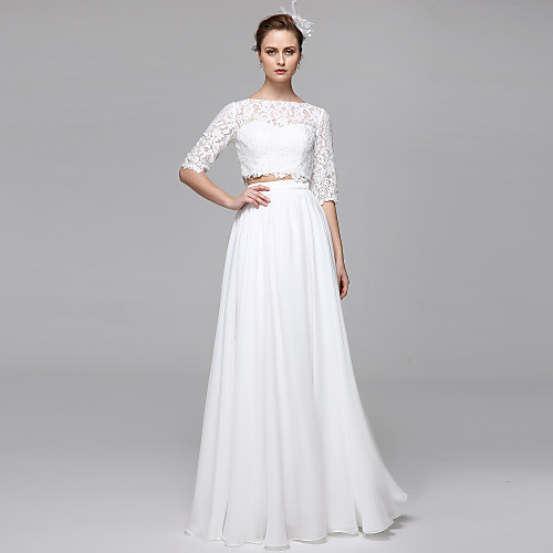 Two Piece A-Line Wedding Dresses Bateau Neck Floor Length Chiffon Corded Lace Half Sleeve Formal Separate Bodies Illusion Sleeve with Draping Appliques 2021
Two Piece A-Line Wedding Dresses Bateau Neck Floor Length Chiffon Corded Lace Half Sleeve Formal Separate Bodies Illusion Sleeve with Draping Appliques 2021