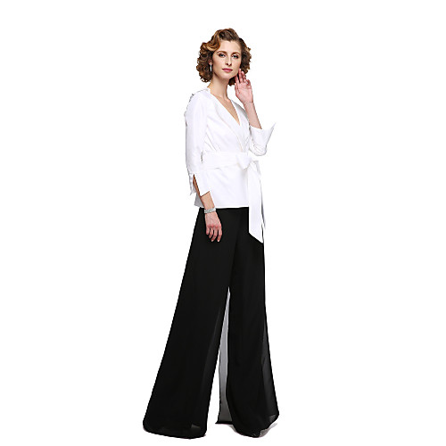 Sheath / Column Pantsuit / Jumpsuit Mother of the Bride Dress Elegant V Neck Floor Length Chiffon Stretch Satin 3/4 Length Sleeve with Sash / Ribbon 2021
Sheath / Column Pantsuit / Jumpsuit Mother of the Bride Dress Elegant V Neck Floor Length Chiffon Stretch Satin 3/4 Length Sleeve with Sash / Ribbon 2021