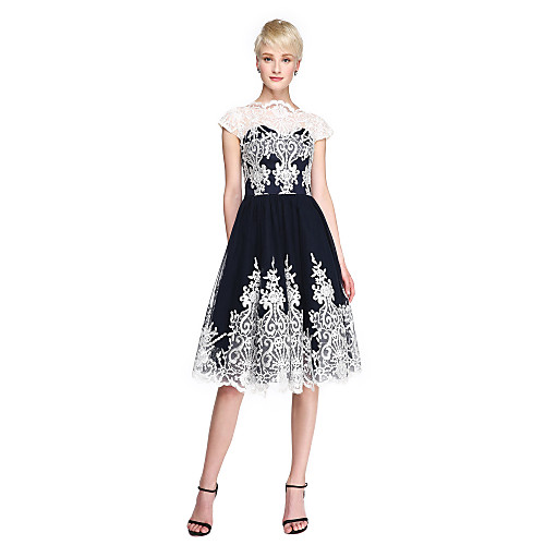A-Line Illusion Neck Knee Length Lace / Tulle Little Black Dress / Color Block Cocktail Party Dress with Appliques by TS Couture
A-Line Illusion Neck Knee Length Lace / Tulle Little Black Dress / Color Block Cocktail Party Dress with Appliques by TS Couture