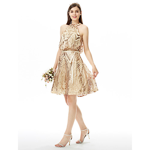 A-Line Jewel Neck Knee Length Sequined Bridesmaid Dress with Sash / Ribbon / Bow(s) / Sequin / Sparkle & Shine
A-Line Jewel Neck Knee Length Sequined Bridesmaid Dress with Sash / Ribbon / Bow(s) / Sequin / Sparkle & Shine