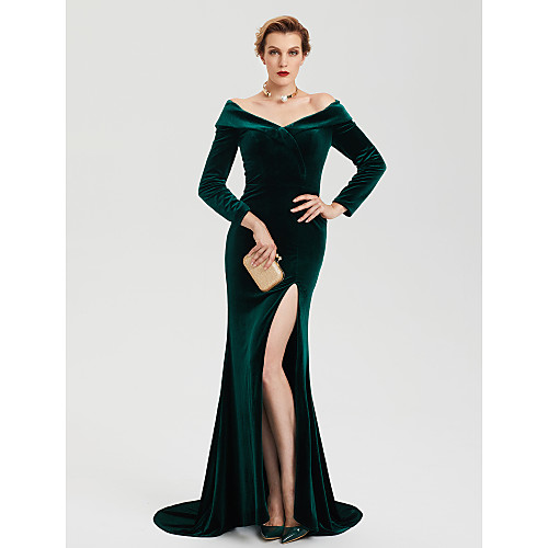 Sheath / Column Celebrity Style Furcal Formal Evening Dress Off Shoulder Long Sleeve Sweep / Brush Train Velvet with Split 2021
Sheath / Column Celebrity Style Furcal Formal Evening Dress Off Shoulder Long Sleeve Sweep / Brush Train Velvet with Split 2021
