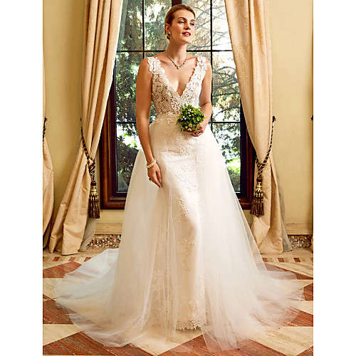 Sheath / Column Wedding Dresses V Neck Chapel Train Lace Tulle Regular Straps See-Through with Appliques 2021 / Removable train
Sheath / Column Wedding Dresses V Neck Chapel Train Lace Tulle Regular Straps See-Through with Appliques 2021 / Removable train