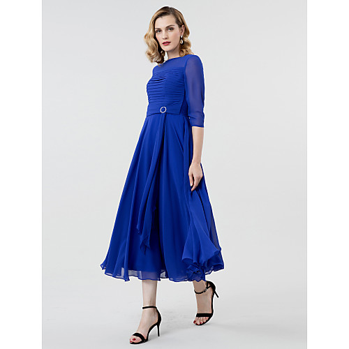 A-Line Elegant Formal Evening Wedding Party Dress Boat Neck 3/4 Length Sleeve Tea Length Georgette with Ruched Crystal Brooch 2021 / Illusion Sleeve
A-Line Elegant Formal Evening Wedding Party Dress Boat Neck 3/4 Length Sleeve Tea Length Georgette with Ruched Crystal Brooch 2021 / Illusion Sleeve