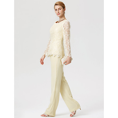 Jumpsuits Sheath / Column Pantsuit / Jumpsuit Mother of the Bride Dress Two Piece See Through Jumpsuits Jewel Neck Floor Length Chiffon Lace Long Sleeve with Lace 2021
Jumpsuits Sheath / Column Pantsuit / Jumpsuit Mother of the Bride Dress Two Piece See Through Jumpsuits Jewel Neck Floor Length Chiffon Lace Long Sleeve with Lace 2021