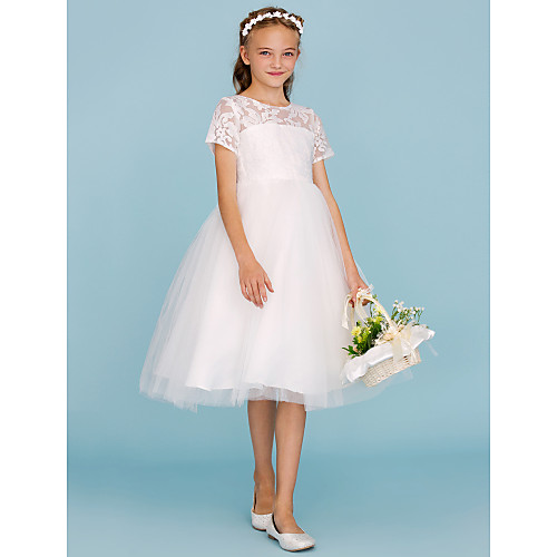 Princess Knee Length Junior Bridesmaid Dress Party Lace Short Sleeve Crew Neck with Pleats / Wedding Party / See Through
Princess Knee Length Junior Bridesmaid Dress Party Lace Short Sleeve Crew Neck with Pleats / Wedding Party / See Through
