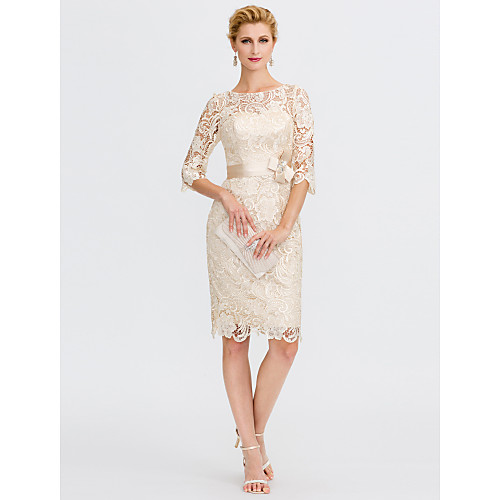 Sheath / Column Mother of the Bride Dress Plus Size Elegant Illusion Neck Knee Length All Over Lace 3/4 Length Sleeve with Bow(s) 2021 / Illusion Sleeve
Sheath / Column Mother of the Bride Dress Plus Size Elegant Illusion Neck Knee Length All Over Lace 3/4 Length Sleeve with Bow(s) 2021 / Illusion Sleeve