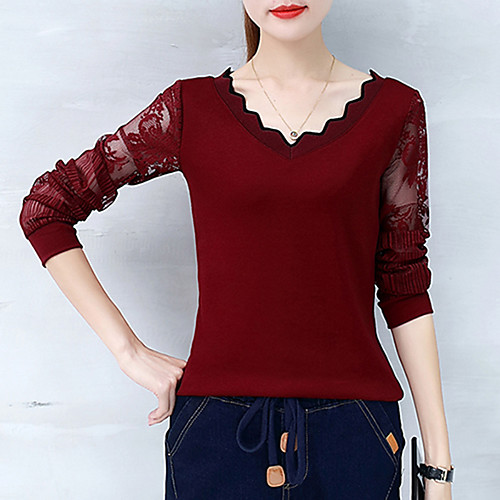 Women's T shirt Solid Colored Lace Patchwork Long Sleeve Daily Tops Cotton Black Wine
Women's T shirt Solid Colored Lace Patchwork Long Sleeve Daily Tops Cotton Black Wine