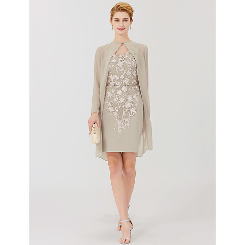 Sheath / Column Mother of the Bride Dress Classic & Timeless Elegant & Luxurious Convertible Dress Illusion Neck Knee Length Chiffon All Over Lace Long Sleeve with Appliques 2021 / See Through
Sheath / Column Mother of the Bride Dress Classic & Timeless Elegant & Luxurious Convertible Dress Illusion Neck Knee Length Chiffon All Over Lace Long Sleeve with Appliques 2021 / See Through