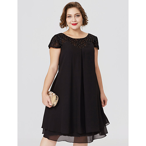 Sheath / Column Mother of the Bride Dress Little Black Dress Plus Size See Through Jewel Neck Knee Length Chiffon Lace Short Sleeve with Pleats Beading Lace Insert 2021
Sheath / Column Mother of the Bride Dress Little Black Dress Plus Size See Through Jewel Neck Knee Length Chiffon Lace Short Sleeve with Pleats Beading Lace Insert 2021