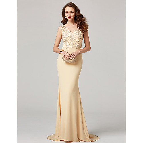 Sheath / Column Beautiful Back Elegant Formal Evening Black Tie Gala Dress V Neck Sleeveless Sweep / Brush Train Jersey Sheer Lace with Appliques 2021
Sheath / Column Beautiful Back Elegant Formal Evening Black Tie Gala Dress V Neck Sleeveless Sweep / Brush Train Jersey Sheer Lace with Appliques 2021