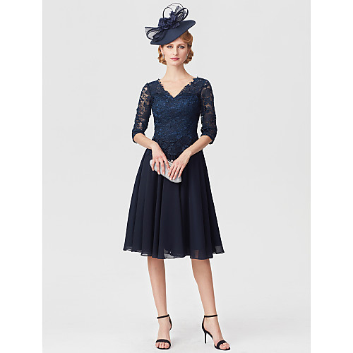 Sheath / Column Mother of the Bride Dress Elegant V Neck Knee Length Chiffon Sheer Lace Half Sleeve with Lace 2021
Sheath / Column Mother of the Bride Dress Elegant V Neck Knee Length Chiffon Sheer Lace Half Sleeve with Lace 2021