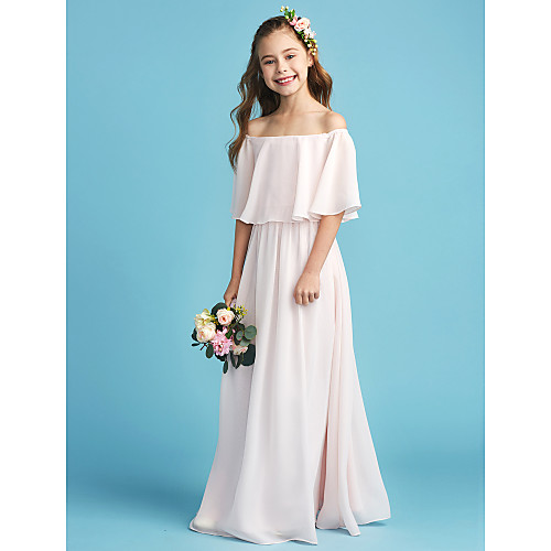 A-Line Floor Length Junior Bridesmaid Dress Party Chiffon Half Sleeve Off Shoulder with Pleats
A-Line Floor Length Junior Bridesmaid Dress Party Chiffon Half Sleeve Off Shoulder with Pleats