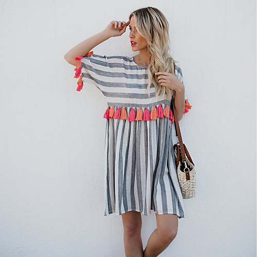 Women's T Shirt Dress Tee Dress Short Mini Dress Gray Short Sleeve Striped Tassel Fringe Summer Round Neck Streetwear Holiday Tassel S M L XL / Cotton / Cotton
Women's T Shirt Dress Tee Dress Short Mini Dress Gray Short Sleeve Striped Tassel Fringe Summer Round Neck Streetwear Holiday Tassel S M L XL / Cotton / Cotton