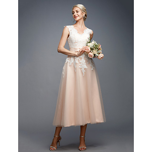 A-Line Wedding Dresses V Neck Tea Length Lace Tulle Regular Straps Open Back with Sashes / Ribbons Appliques 2021
A-Line Wedding Dresses V Neck Tea Length Lace Tulle Regular Straps Open Back with Sashes / Ribbons Appliques 2021