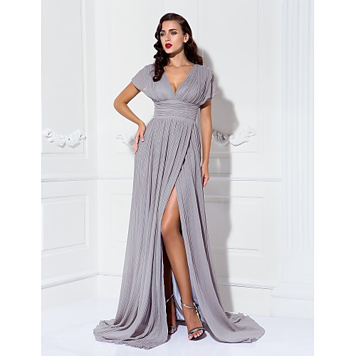 Sheath / Column Minimalist Elegant Furcal Formal Evening Black Tie Gala Dress V Neck Short Sleeve Sweep / Brush Train Chiffon with Pleats Ruched 2021
Sheath / Column Minimalist Elegant Furcal Formal Evening Black Tie Gala Dress V Neck Short Sleeve Sweep / Brush Train Chiffon with Pleats Ruched 2021