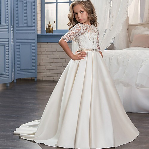 Ball Gown Sweep / Brush Train Flower Girl Dresses Wedding Matte Satin Half Sleeve Jewel Neck with Embroidery
Ball Gown Sweep / Brush Train Flower Girl Dresses Wedding Matte Satin Half Sleeve Jewel Neck with Embroidery