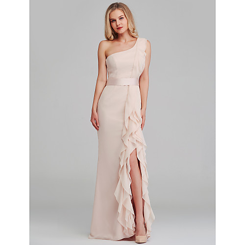 Sheath / Column One Shoulder Long Length Chiffon Bridesmaid Dress with Cascading Ruffles
Sheath / Column One Shoulder Long Length Chiffon Bridesmaid Dress with Cascading Ruffles