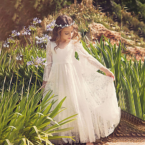 Sheath / Column Maxi Flower Girl Dresses Wedding Lace 3/4 Length Sleeve V Neck with Lace / Holiday
Sheath / Column Maxi Flower Girl Dresses Wedding Lace 3/4 Length Sleeve V Neck with Lace / Holiday