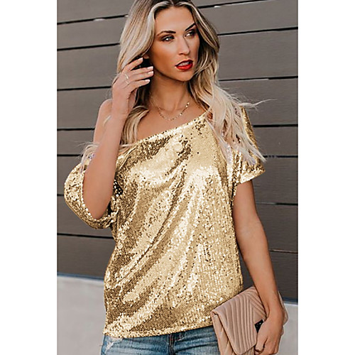 Women's Solid Colored Sequins T-shirt Off Shoulder Black / Blue / Blushing Pink / Gold / Silver
Women's Solid Colored Sequins T-shirt Off Shoulder Black / Blue / Blushing Pink / Gold / Silver