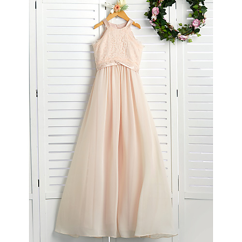 A-Line Floor Length Junior Bridesmaid Dress Wedding Chiffon Sleeveless Crew Neck with Lace
A-Line Floor Length Junior Bridesmaid Dress Wedding Chiffon Sleeveless Crew Neck with Lace