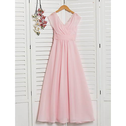 A-Line Floor Length Junior Bridesmaid Dress Wedding Chiffon Short Sleeve V Neck with Ruffles / Wedding Party
A-Line Floor Length Junior Bridesmaid Dress Wedding Chiffon Short Sleeve V Neck with Ruffles / Wedding Party