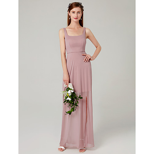Sheath / Column Spaghetti Strap Floor Length Mesh Bridesmaid Dress with Pleats / Split Front
Sheath / Column Spaghetti Strap Floor Length Mesh Bridesmaid Dress with Pleats / Split Front