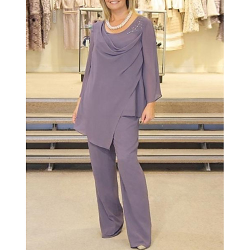 Two Piece Pantsuit / Jumpsuit Mother of the Bride Dress Plus Size Scoop Neck Floor Length Chiffon Long Sleeve with Beading Ruching 2021
Two Piece Pantsuit / Jumpsuit Mother of the Bride Dress Plus Size Scoop Neck Floor Length Chiffon Long Sleeve with Beading Ruching 2021
