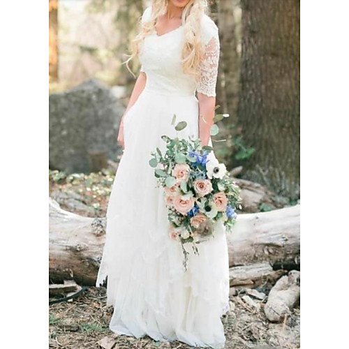 A-Line Wedding Dresses V Neck Floor Length Lace Tulle Half Sleeve Country Illusion Sleeve with Lace Insert 2021
A-Line Wedding Dresses V Neck Floor Length Lace Tulle Half Sleeve Country Illusion Sleeve with Lace Insert 2021