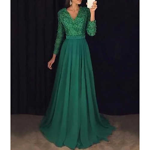 A-Line Elegant Formal Evening Dress V Neck Long Sleeve Sweep / Brush Train Chiffon Lace with Sash / Ribbon Beading Appliques 2021
A-Line Elegant Formal Evening Dress V Neck Long Sleeve Sweep / Brush Train Chiffon Lace with Sash / Ribbon Beading Appliques 2021