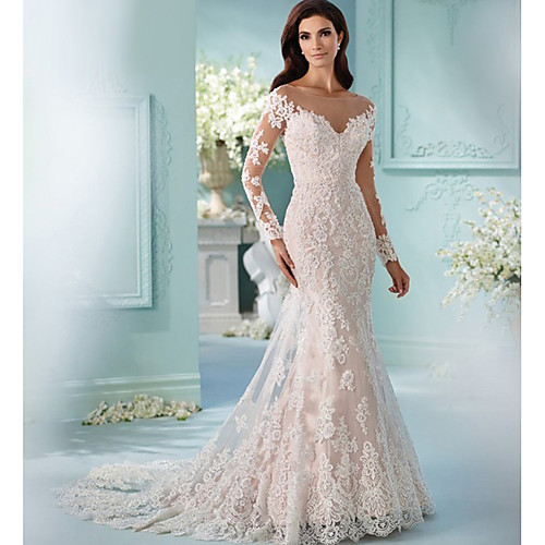 Mermaid / Trumpet Wedding Dresses Scoop Neck Chapel Train Lace Tulle Lace Over Satin Long Sleeve Formal Sexy Beautiful Back Illusion Sleeve with Appliques 2021
Mermaid / Trumpet Wedding Dresses Scoop Neck Chapel Train Lace Tulle Lace Over Satin Long Sleeve Formal Sexy Beautiful Back Illusion Sleeve with Appliques 2021