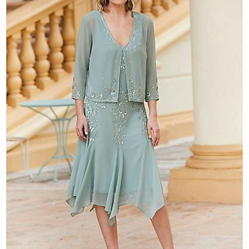 Two Piece Mother of the Bride Dress Wrap Included Plunging Neck Knee Length Chiffon 3/4 Length Sleeve with Ruching 2021
Two Piece Mother of the Bride Dress Wrap Included Plunging Neck Knee Length Chiffon 3/4 Length Sleeve with Ruching 2021