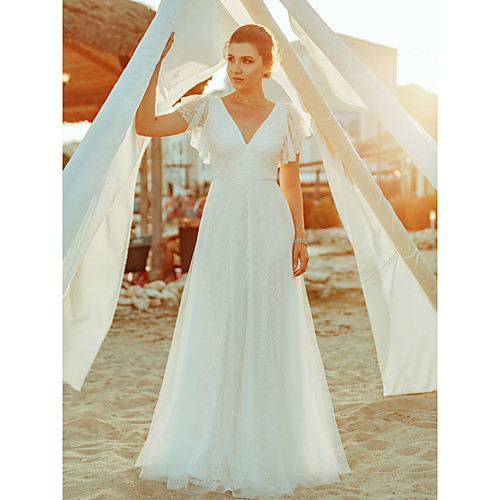 A-Line Wedding Dresses V Neck Floor Length Lace Short Sleeve Simple Casual Boho Illusion Detail Backless with Lace 2021
A-Line Wedding Dresses V Neck Floor Length Lace Short Sleeve Simple Casual Boho Illusion Detail Backless with Lace 2021