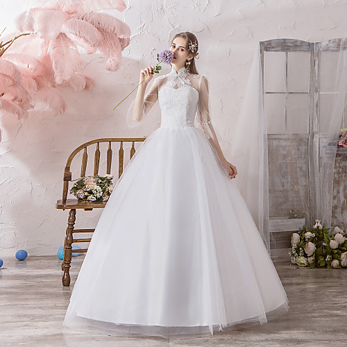 Ball Gown Wedding Dresses High Neck Floor Length Tulle Lace Over Satin 3/4 Length Sleeve Country Vintage See-Through Backless Illusion Sleeve with Appliques 2021
Ball Gown Wedding Dresses High Neck Floor Length Tulle Lace Over Satin 3/4 Length Sleeve Country Vintage See-Through Backless Illusion Sleeve with Appliques 2021