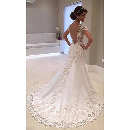 Mermaid / Trumpet Wedding Dresses V Neck Court Train Lace Tulle Lace Over Satin Cap Sleeve Glamorous Backless with Buttons Pearls Beading 2021
Mermaid / Trumpet Wedding Dresses V Neck Court Train Lace Tulle Lace Over Satin Cap Sleeve Glamorous Backless with Buttons Pearls Beading 2021