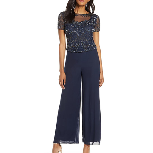 Pantsuit / Jumpsuit Mother of the Bride Dress Plus Size Elegant See Through Bateau Neck Floor Length Chiffon Tulle Short Sleeve with Lace Appliques 2021
Pantsuit / Jumpsuit Mother of the Bride Dress Plus Size Elegant See Through Bateau Neck Floor Length Chiffon Tulle Short Sleeve with Lace Appliques 2021