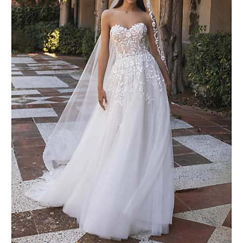 A-Line Wedding Dresses Sweetheart Neckline Sweep / Brush Train Tulle Strapless Country Beach Illusion Detail with Appliques 2021
A-Line Wedding Dresses Sweetheart Neckline Sweep / Brush Train Tulle Strapless Country Beach Illusion Detail with Appliques 2021