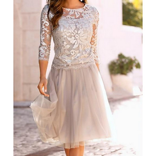 A-Line Mother of the Bride Dress Elegant See Through Jewel Neck Knee Length Chiffon Lace 3/4 Length Sleeve with Lace Ruching 2021
A-Line Mother of the Bride Dress Elegant See Through Jewel Neck Knee Length Chiffon Lace 3/4 Length Sleeve with Lace Ruching 2021
