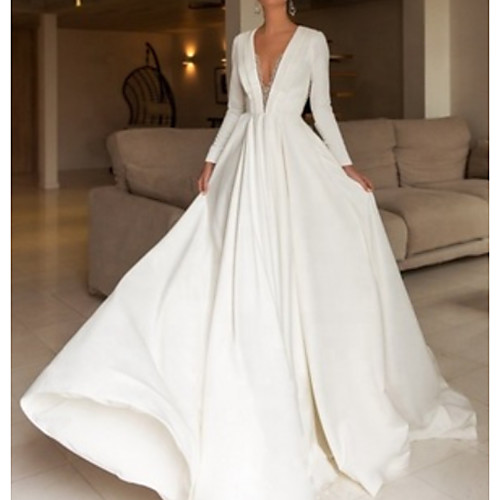A-Line Wedding Dresses V Neck Sweep / Brush Train Satin Long Sleeve Mordern Modern with Crystals 2021
A-Line Wedding Dresses V Neck Sweep / Brush Train Satin Long Sleeve Mordern Modern with Crystals 2021