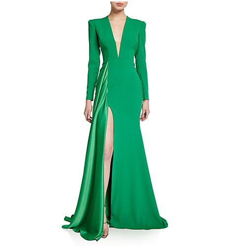 Mermaid / Trumpet Elegant Wedding Guest Formal Evening Dress V Neck Long Sleeve Sweep / Brush Train Polyester with Draping Split Front 2021
Mermaid / Trumpet Elegant Wedding Guest Formal Evening Dress V Neck Long Sleeve Sweep / Brush Train Polyester with Draping Split Front 2021