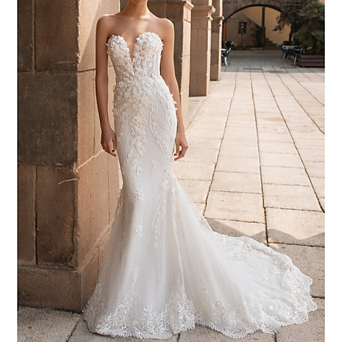 Mermaid / Trumpet Wedding Dresses Sweetheart Neckline Court Train Lace Strapless Mordern Sparkle & Shine with Appliques 2021
Mermaid / Trumpet Wedding Dresses Sweetheart Neckline Court Train Lace Strapless Mordern Sparkle & Shine with Appliques 2021