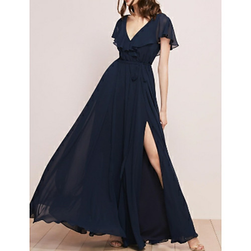 A-Line Plunging Neck Floor Length Chiffon Bridesmaid Dress with Sash / Ribbon / Ruffles / Split Front / Open Back
A-Line Plunging Neck Floor Length Chiffon Bridesmaid Dress with Sash / Ribbon / Ruffles / Split Front / Open Back