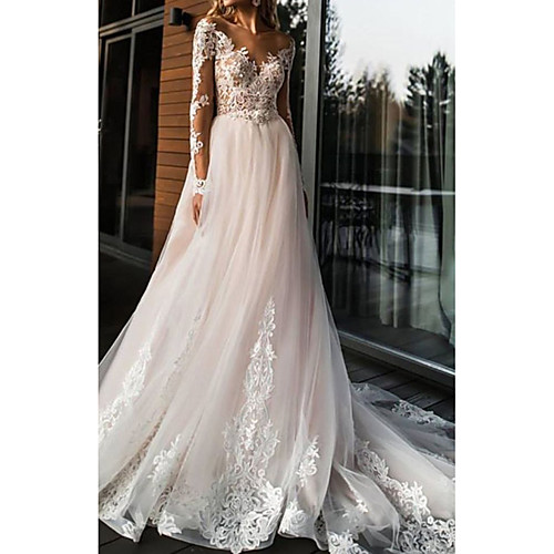 A-Line Wedding Dresses V Neck Sweep / Brush Train Lace Tulle Long Sleeve Romantic Boho Illusion Sleeve with Appliques 2021
A-Line Wedding Dresses V Neck Sweep / Brush Train Lace Tulle Long Sleeve Romantic Boho Illusion Sleeve with Appliques 2021